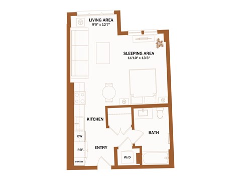 A floor plan of a small apartment with a living area, sleeping area, kitchen, bathroom, entry, and pantry.